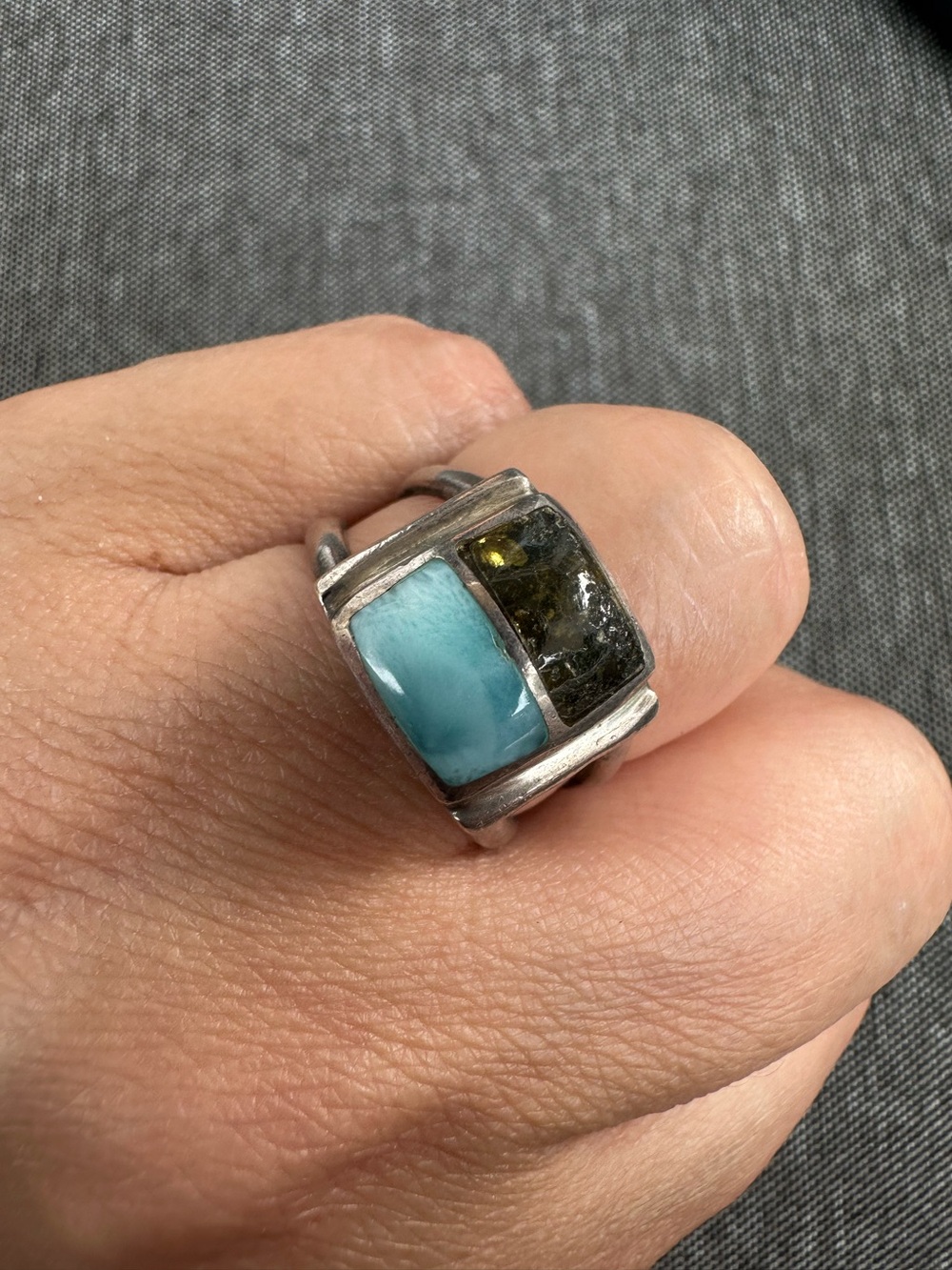 Sterling 925 Silver Blue Larimar and RARE Green Amber Gemstone Statement Rin
